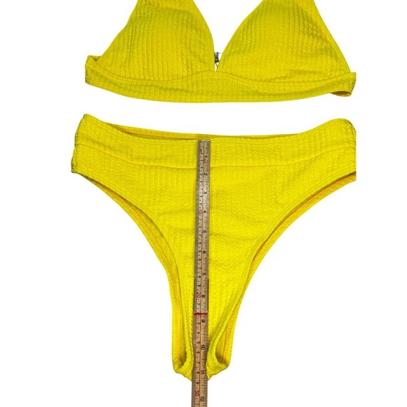 Yellow Textured High-Waisted Bikini Set Adjustable Straps & Back Closure Size M - Picture 7 of 8